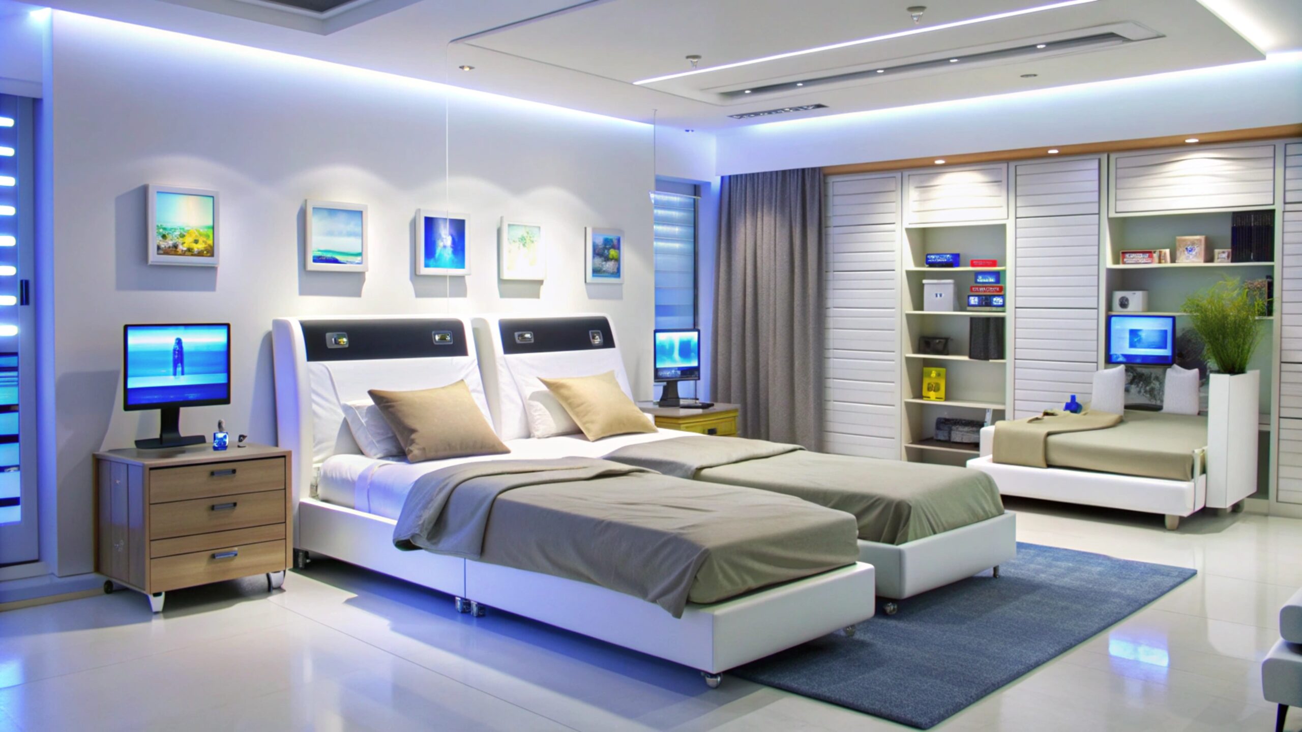 Modern bedroom with twin beds and a blue rug.